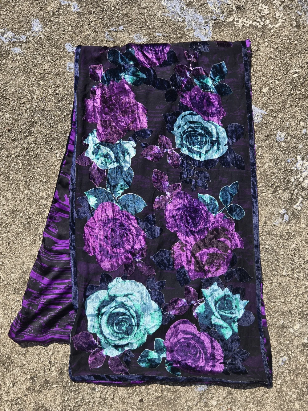 Velvet Floral Print Scarf in Teal and Purple 19× 69